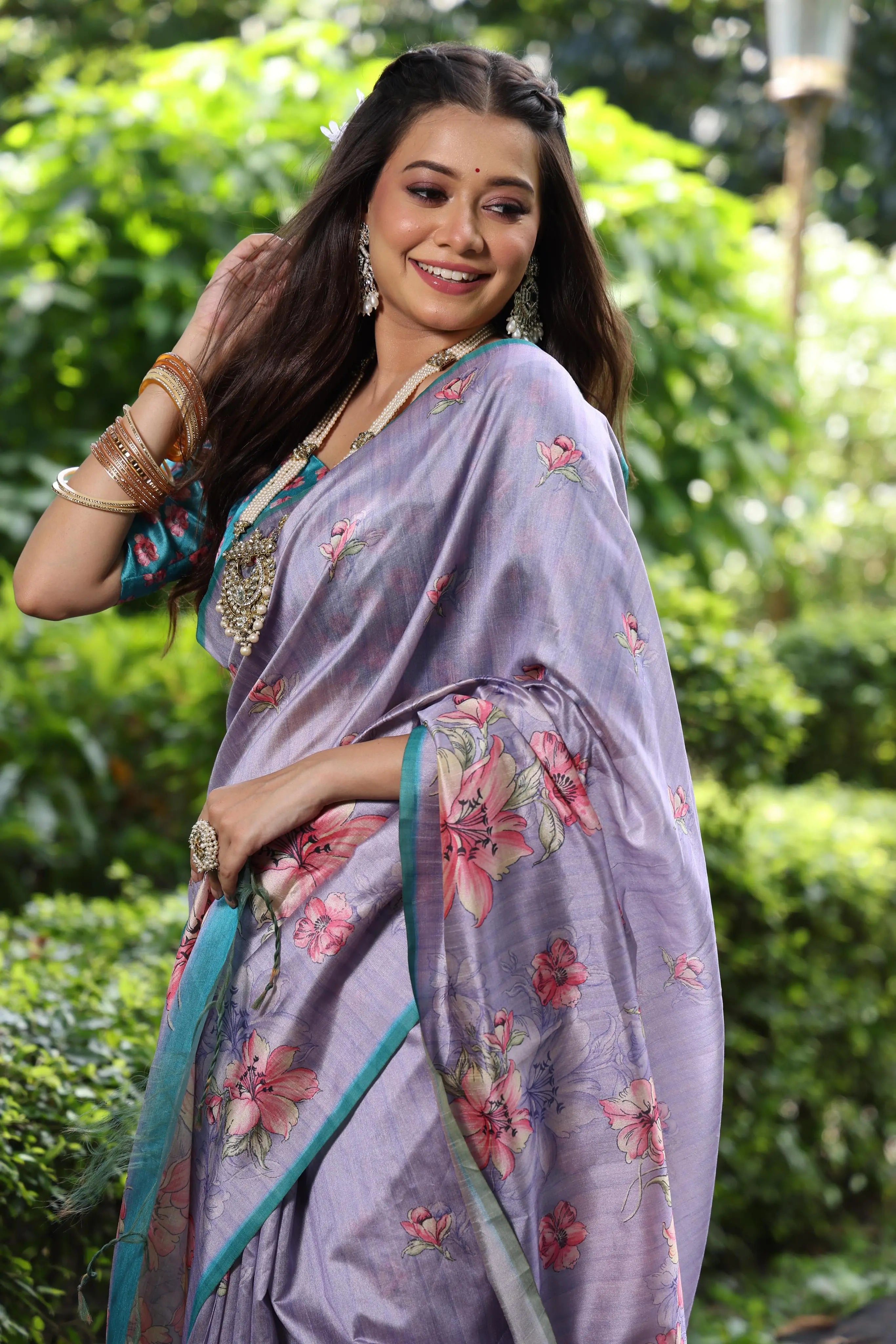 Lavender Floral Tussar Silk Saree